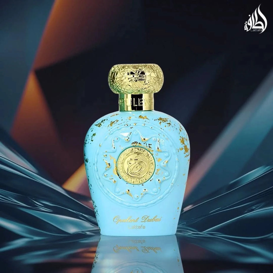 Opulent Dubai Eau de Parfum spray by Lattafa, 100ml bottle with elegant packaging and floral, woody fragrance notes.
