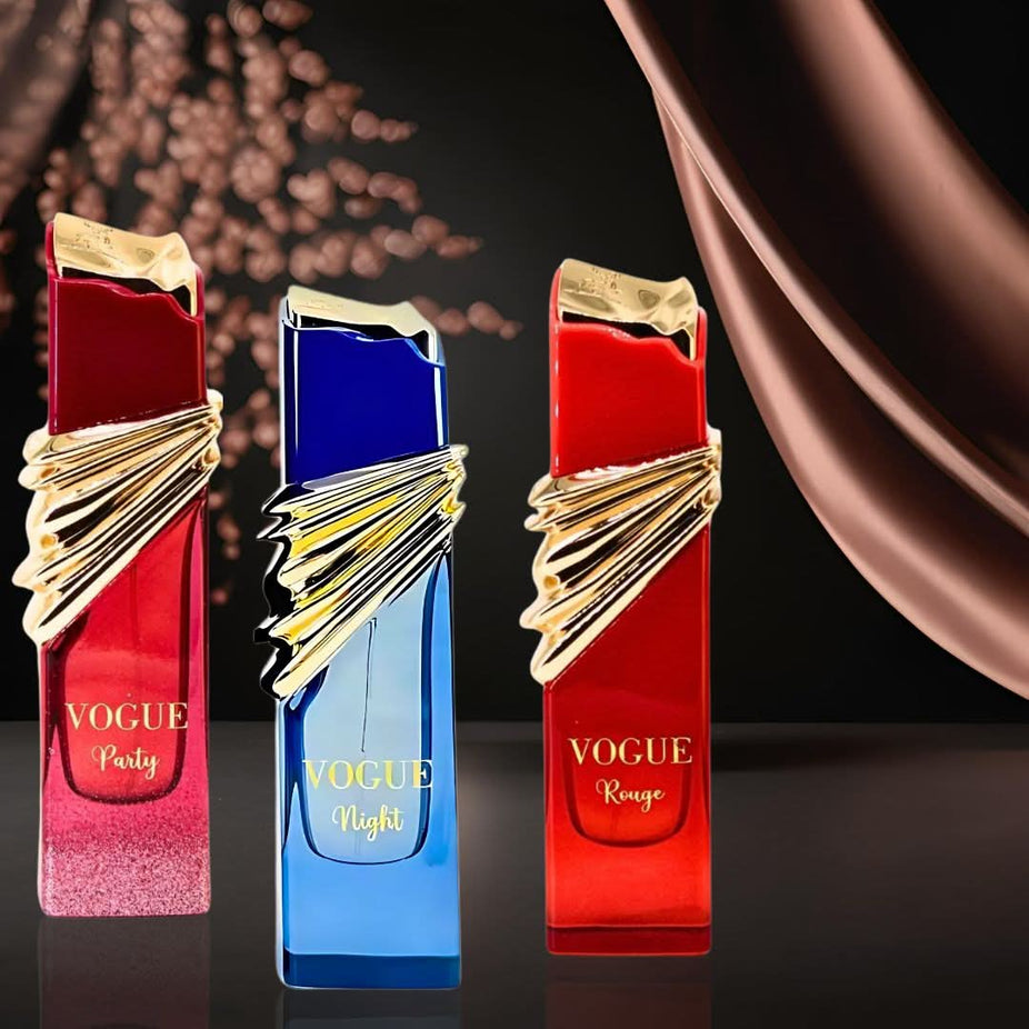 Maison Alhambra Vogue Party, Night & Rouge Eau de Parfum 100ml bundle showing three elegant perfume bottles with minimalist design.