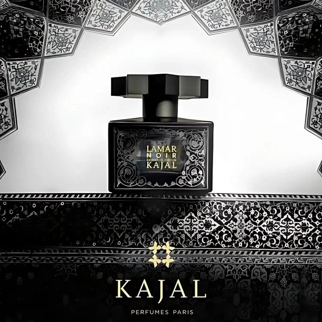 Kajal Lamar Noir Extrait de Parfum spray 100ml, elegant dark glass bottle with gold accents, showcasing luxurious fragrance packaging.