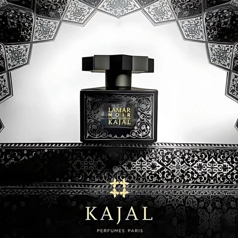 Kajal Lamar Noir Extrait de Parfum spray 100ml, elegant dark glass bottle with gold accents, showcasing luxurious fragrance packaging.