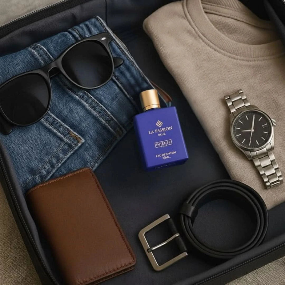 Intense Elite La Passion Blue Eau de Parfum spray bottle, 20ml, with sleek blue packaging and elegant design.