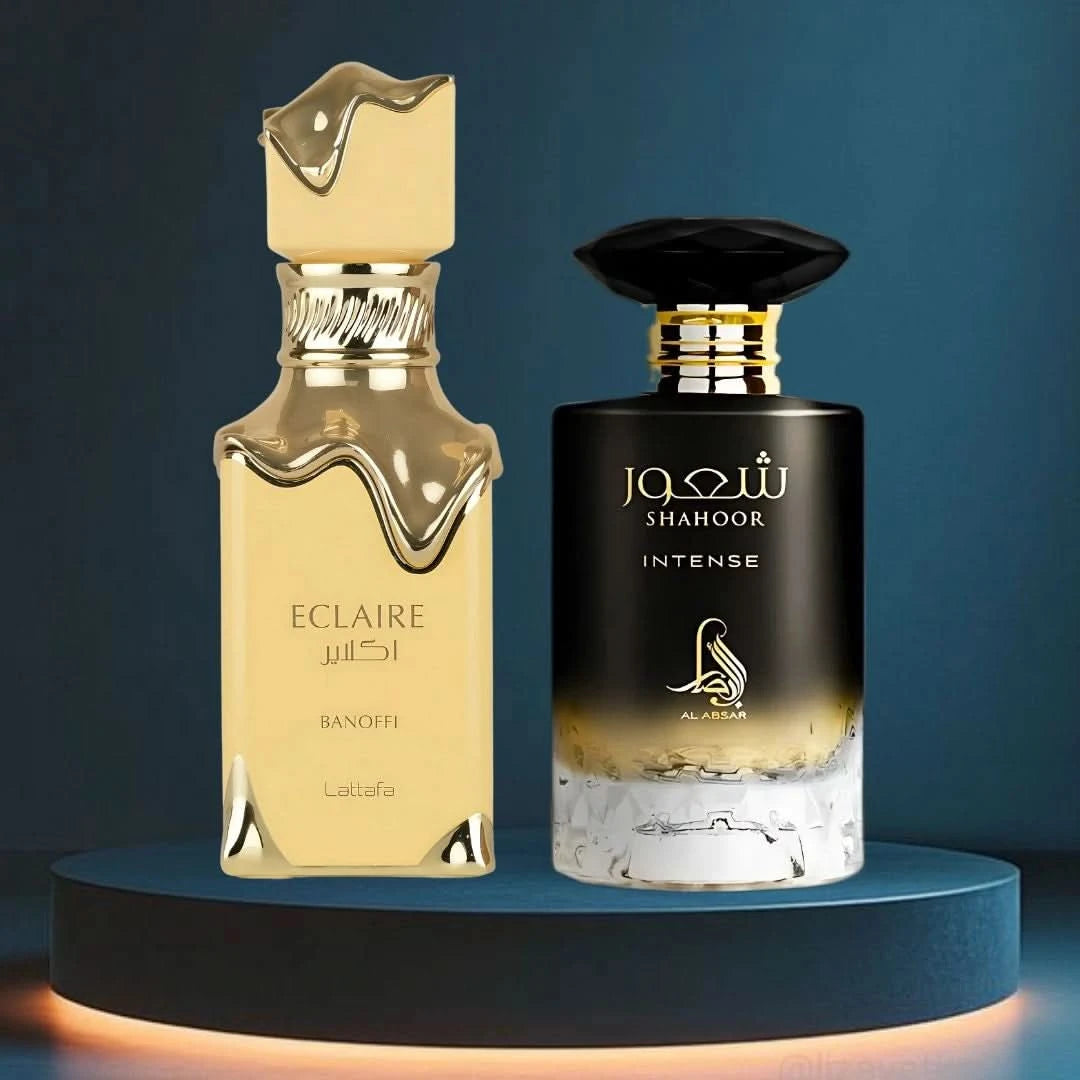 Lattafa Eclaire Banoffi and Al Absar Shahoor Intense Eau de Parfum spray bundle, 100ml bottles with sleek perfume packaging.