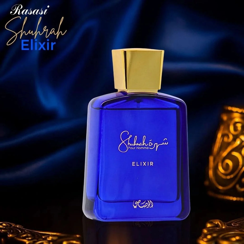 Rasasi Shuhrah Elixir Pour Homme Eau de Parfum spray bottle with elegant packaging, 90ml (3 oz).