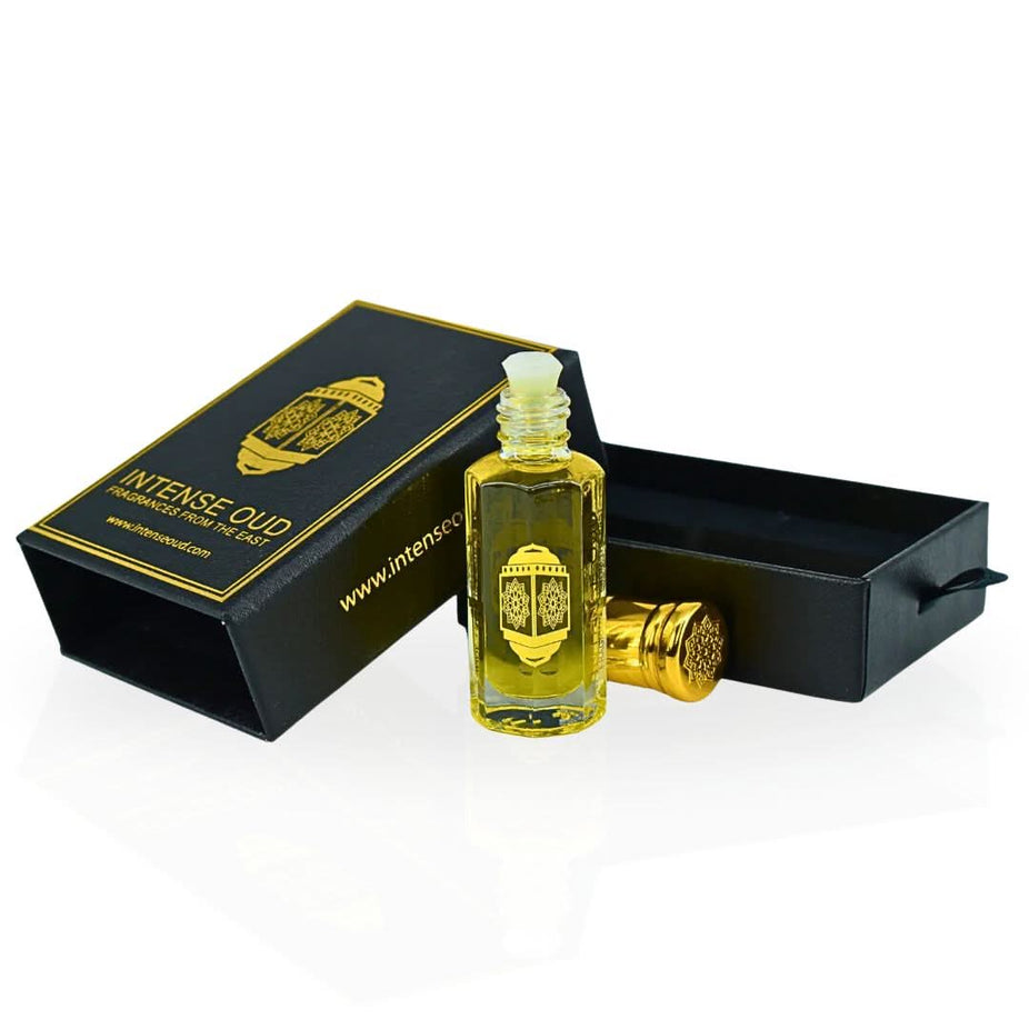Intense Oud Gardenia Musk Perfume Oil 12ml in a black gift box, showcasing the loose oil bottle with elegant packaging.