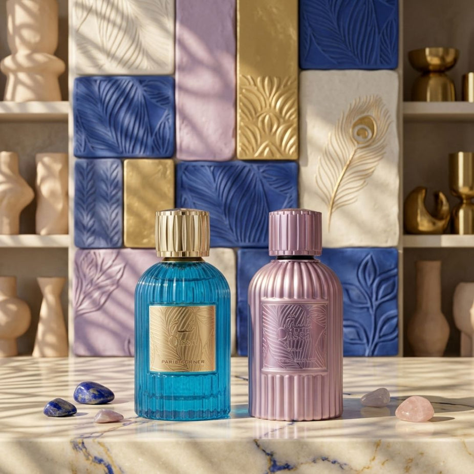 Paris Corner Qissa Blue and Qissa Gala Eau de Parfum Spray bundle, 100ml, featuring elegant bottles of fragrance.