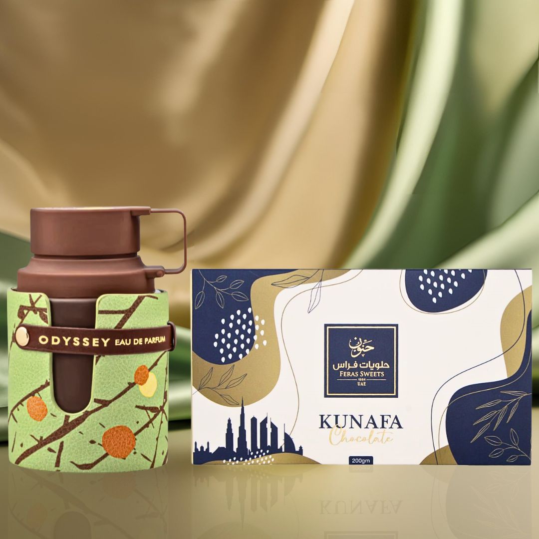 Odyssey Dubai Chocolat Gourmand Edition Eau De Parfum Spray 100ML (3.4 OZ) by Armaf & Dubai Kunafa Chocolate Bar 200GMS by Feras Sweets | A Duo of Decadent Fragrance & Rich Chocolate Indulgence. (Bundle) - Intense Oud