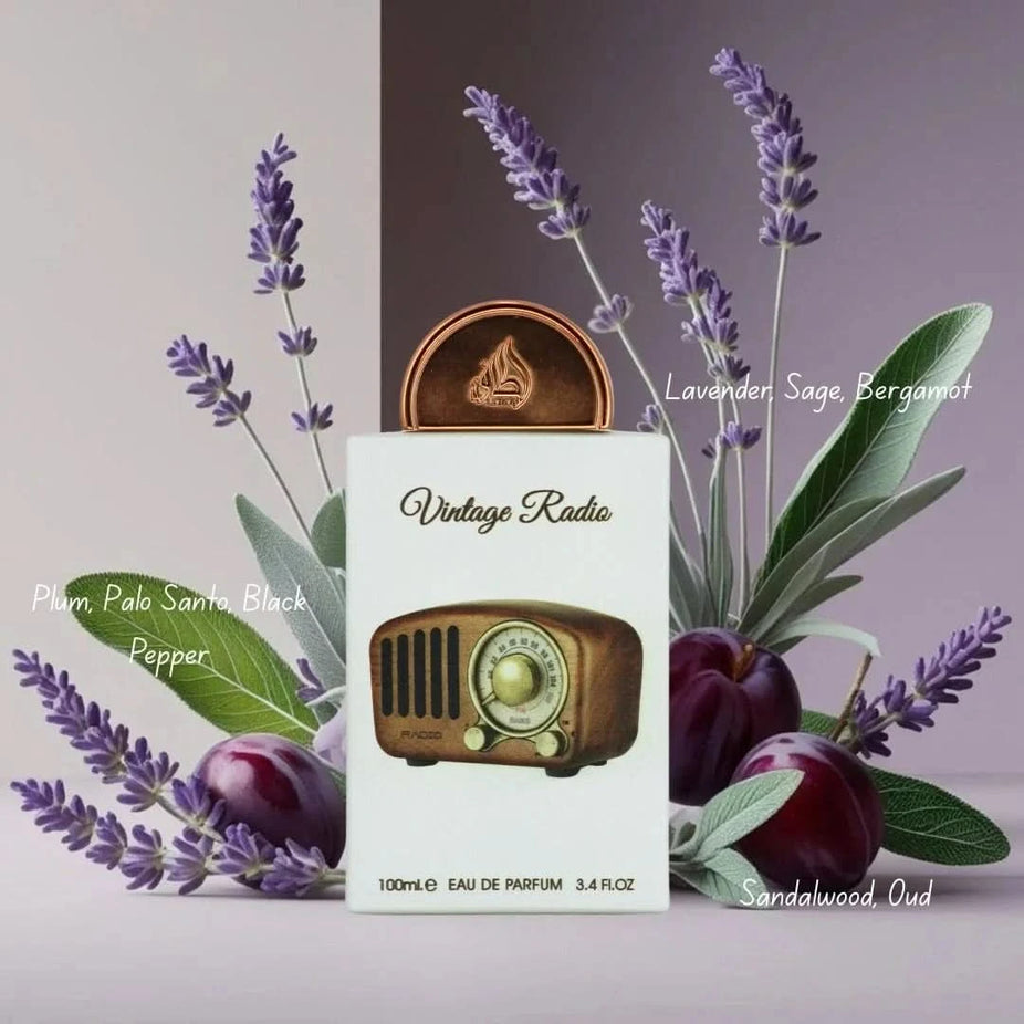 Lattafa Art of Nature II Pisa and Vintage Radio gift set bundle with decorative bottles and vintage-style radio accessories.