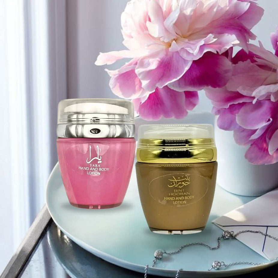 Bundle of Yara & Bint Hooran hand and body lotions by Ard Al Zaafaran, featuring two 45ml bottles in a colorful display.