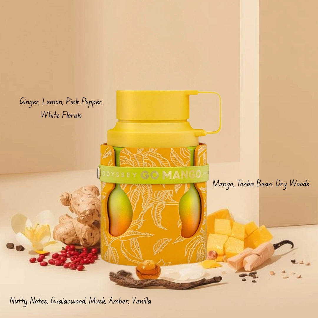 The Mango Burst Collection featuring Odyssey Go Mango, Bubbliz Mango Pop, Yara Tous, Mango Musk, and Aura Manga Splash perfume sprays.