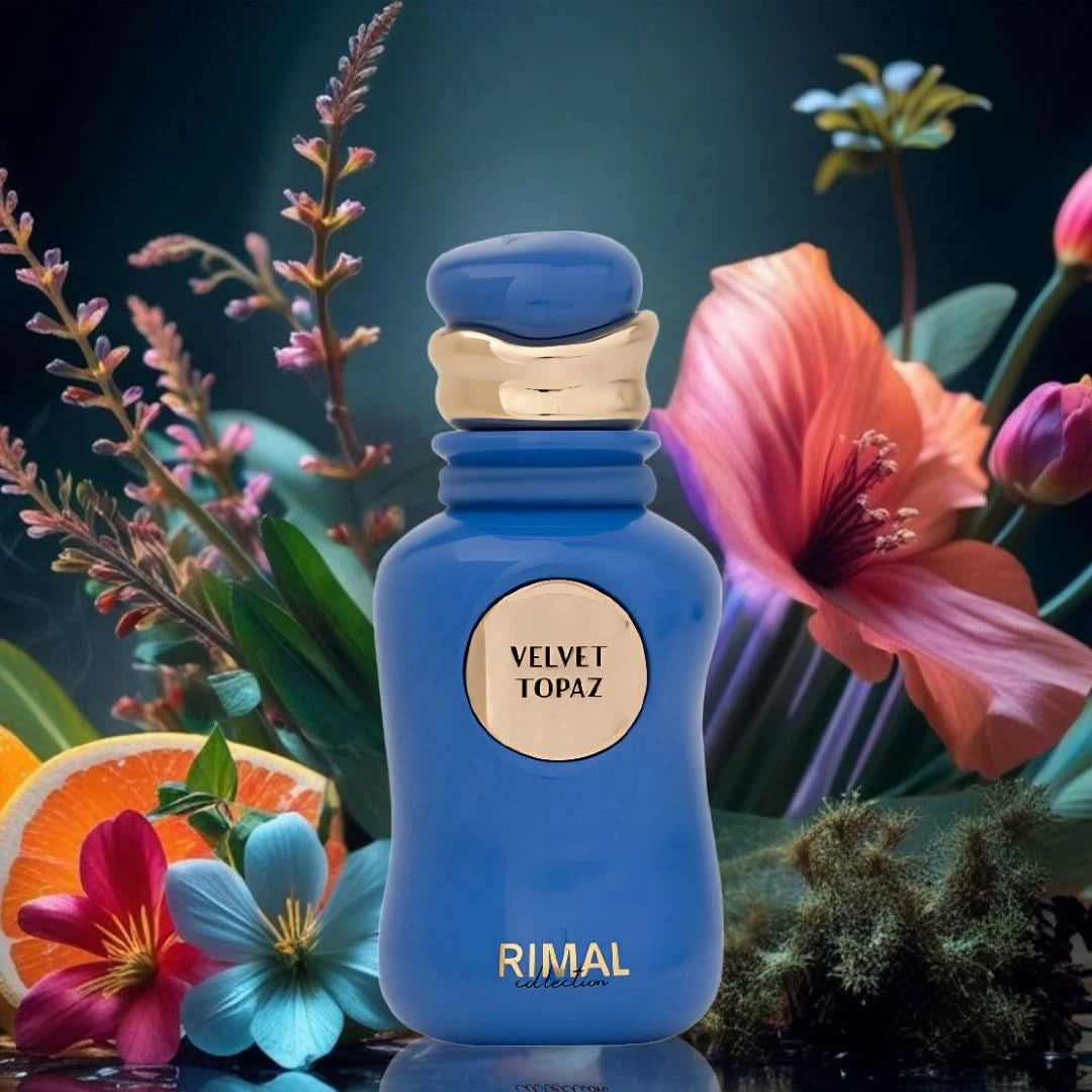Velvet Topaz Eau de Parfum spray by Rimal Collection, 100ml bottle featuring a sleek design and luxurious fragrance.