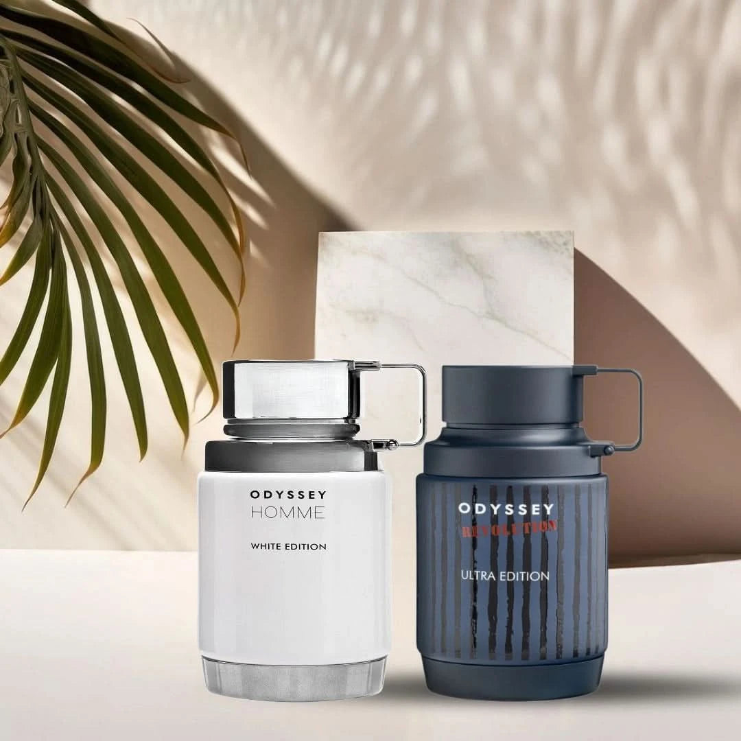 Odyssey Homme White and Odyssey Revolution Ultra Eau de Parfum sprays in 100ml bundle by Armaf, featuring sleek glass bottles.