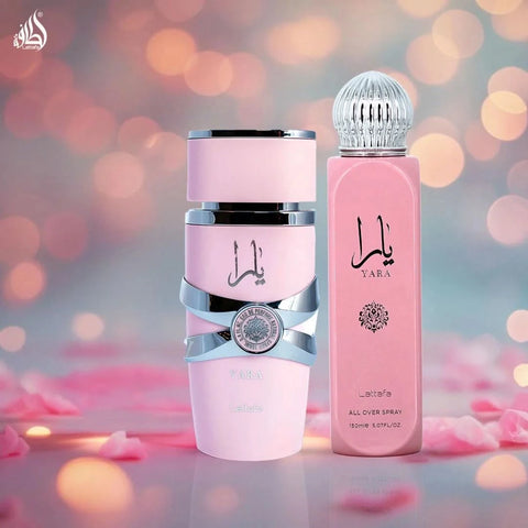Lattafa Yara Eau de Parfum Spray 100ml and All Over Spray 150ml bundle, with elegant bottles and fragrance labels.