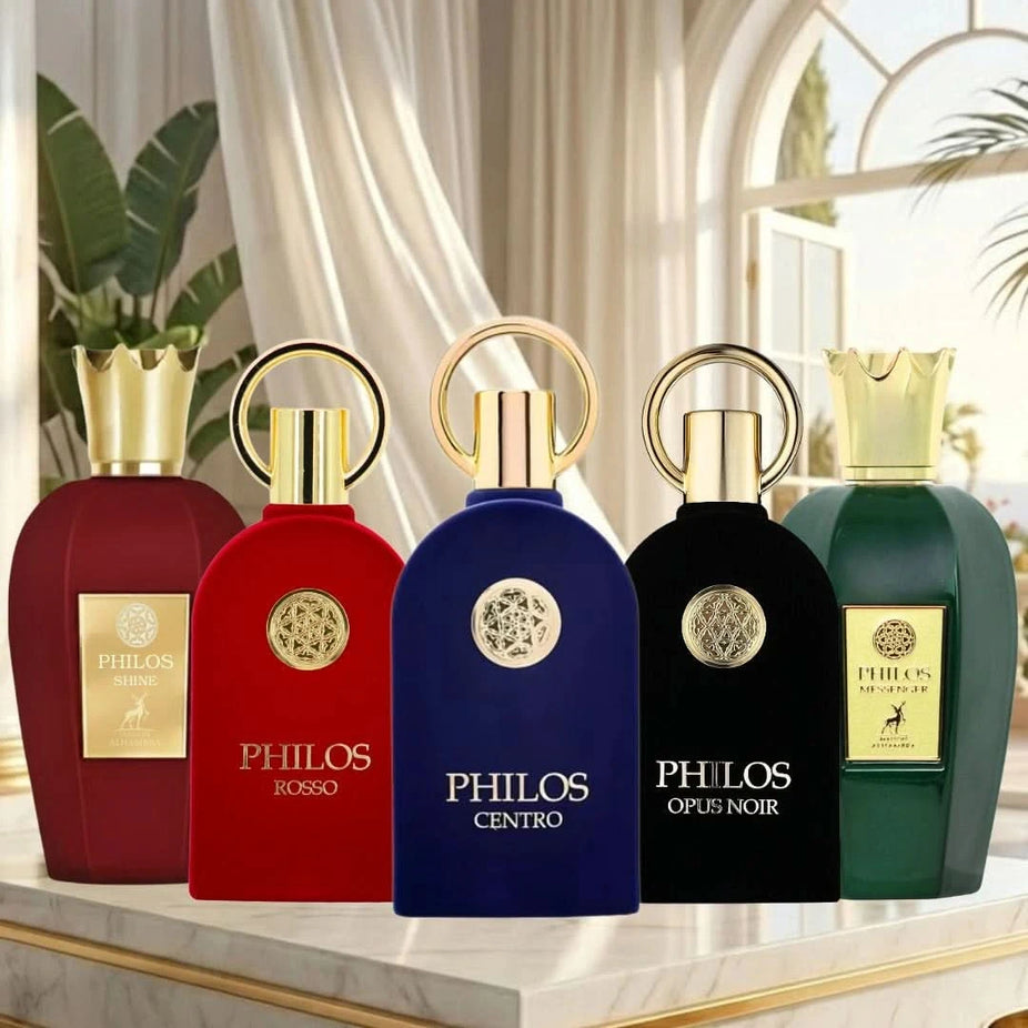 Set of Maison Alhambra Philos Eau de Parfum sprays including Philos Centro, Messenger, Opus Noir, Rosso, and Shine in 100ml bottles.
