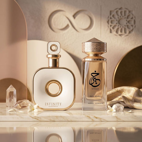 Infinity Gold 105ml (3.6 oz) by Armaf & Khair Felicity 100ml (3.4 oz) by Paris Corner Eau de Parfum Sprays (Bundle)