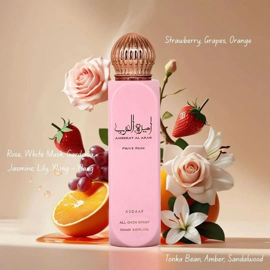 Ameerat Al Arab Prive Rose all-over spray by Asdaaf, 150ml, featuring a floral rose scent and elegant packaging.