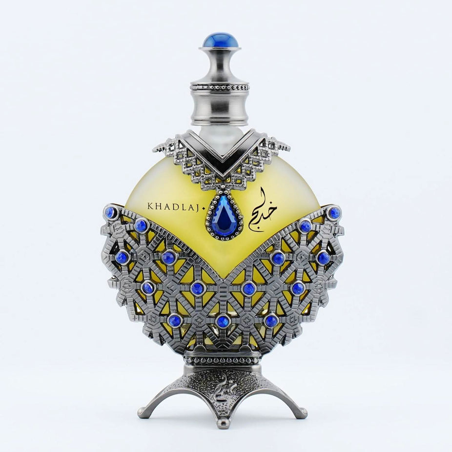 Hareem Al Sultan Blue antique perfume oil by Khadlaj, concentrated perfume oil in a 35ml bottle, elegant packaging with blue accents.