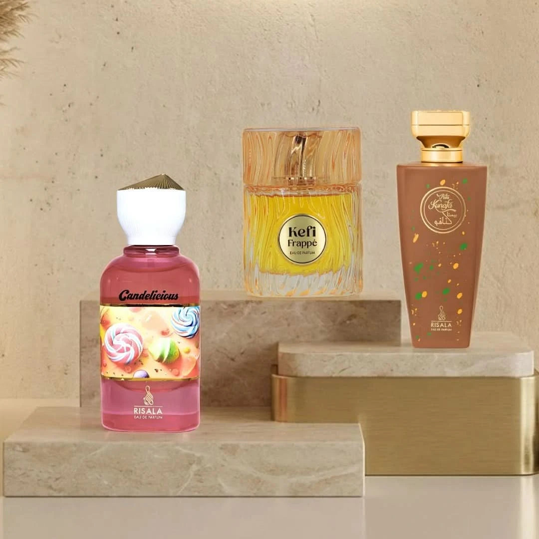 RISALA Candelicious Pista Kunafa and Kefi Frappe Eau de Parfum sprays bundle, 100ml each, featuring elegant fragrance bottles.
