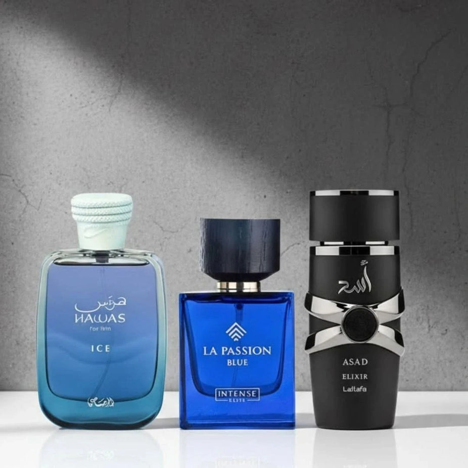 Bundle of three 100ml Eau de Parfum sprays including Hawas Ice by Rasasi, La Passion Blue by Intense Elite, and Asad Elixir by Lattafa.