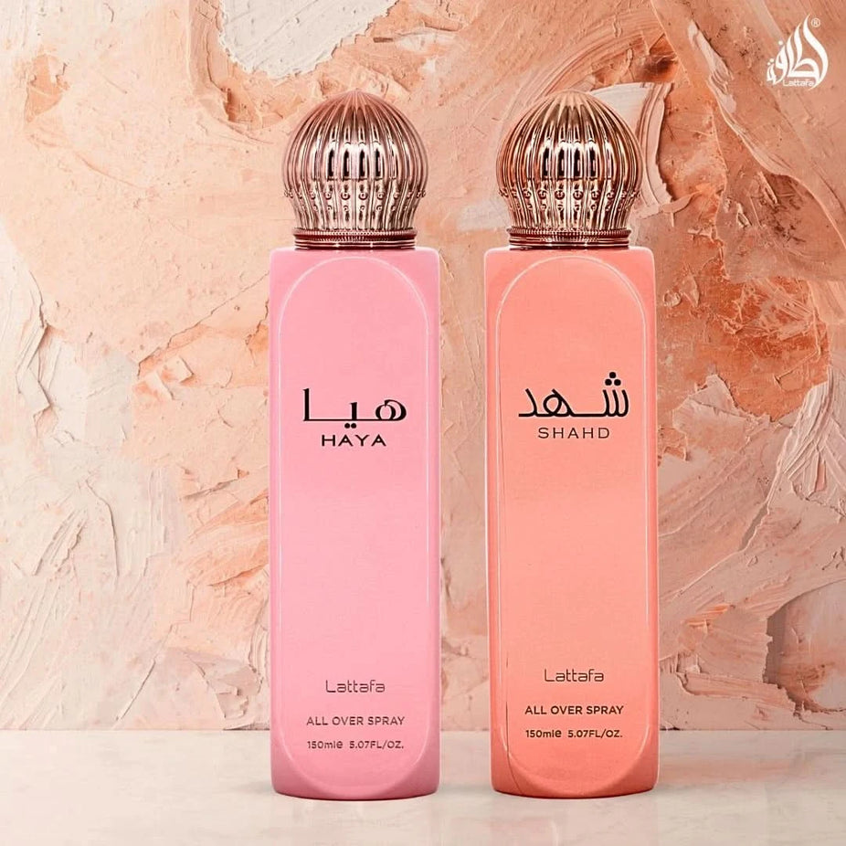 Lattafa Haya & Shahd All Over Sprays bundle with two 150ml bottles, featuring floral and oriental fragrance designs.