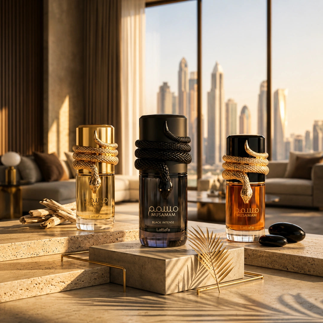 Lattafa Musamam & Musamam Black Intense Eau de Parfum Spray bundle, 100ml each, featuring elegant perfume bottles with sleek designs.