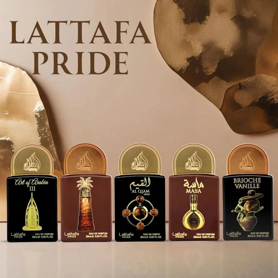 Lattafa Pride Eau de Parfum gift set with five 20ml bottles, featuring elegant packaging and collection No.4 design.