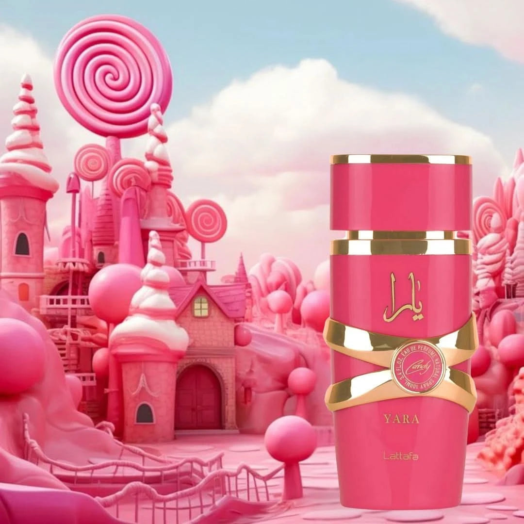 Yara Candy Eau de Parfum spray bottle by Lattafa with velvet pouch, 100ml (3.4 oz), elegant packaging and floral design.