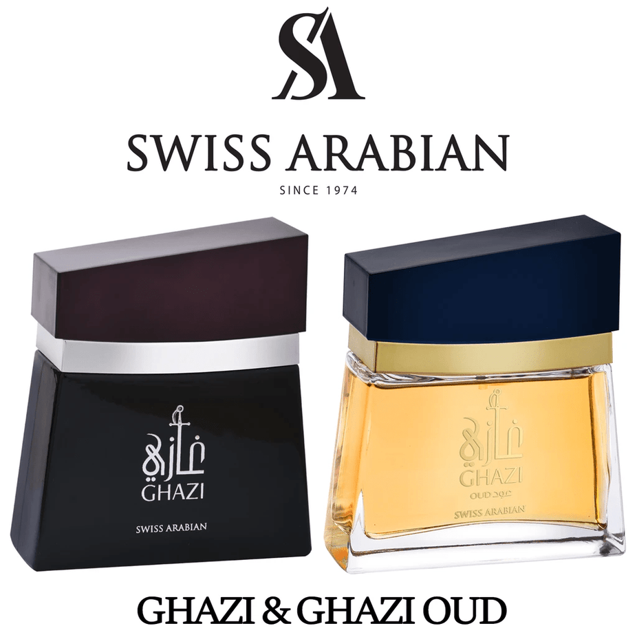 Swiss Arabian Ghazi for Men 100 ML Eau De Parfum bottle with sleek design, showcasing the men's fragrance packaging.