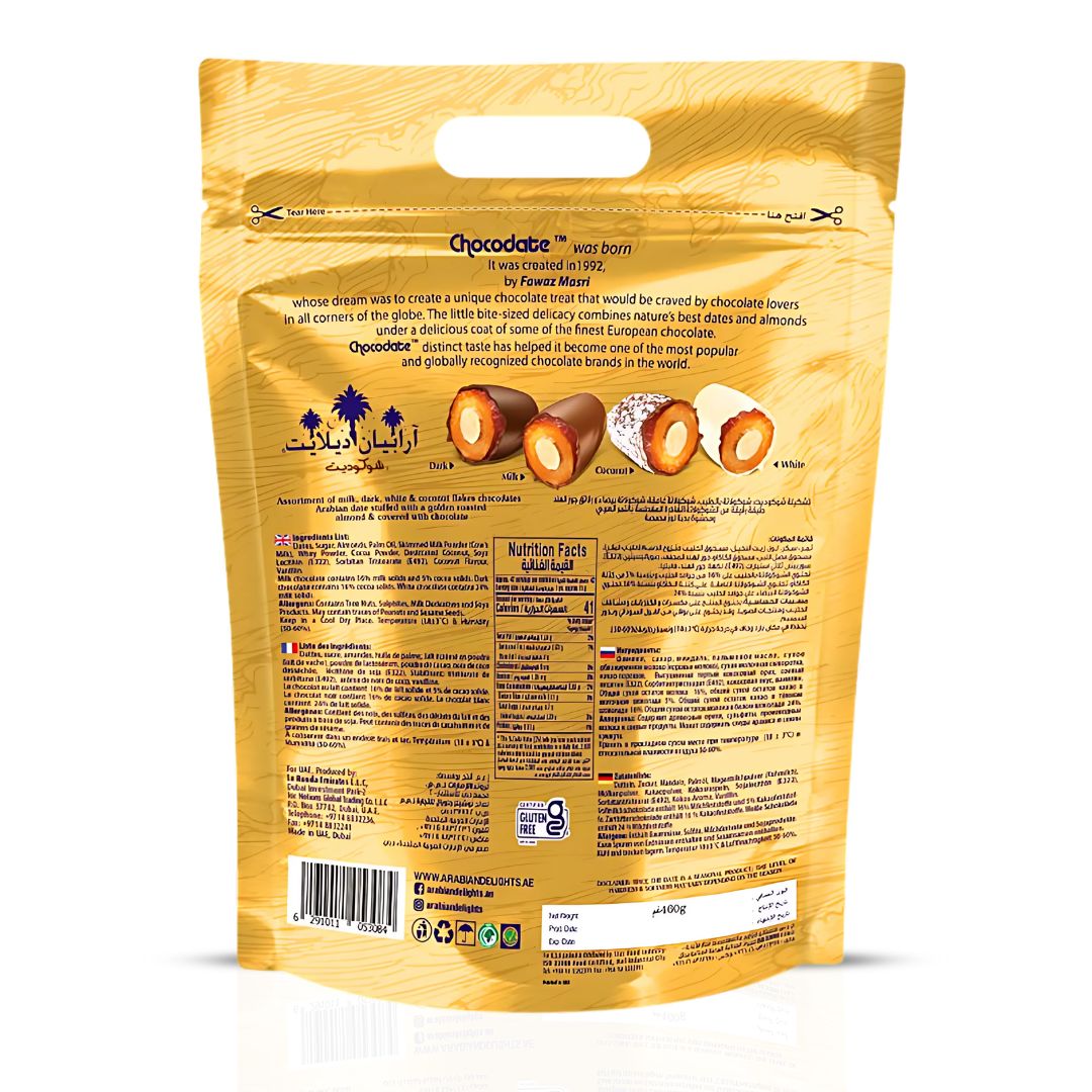 Arabian Delights Chocodate Assorted Pouch 460 GMS by Intense Delish | A Variety of Milk, Dark, White & Coconut Flaked Chocolates with Almond-Stuffed Dates Coated in Chocolate. - Intense Oud