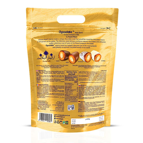 Arabian Delights Chocodate Assorted Pouch 460 GMS by Intense Delish | A Variety of Milk, Dark, White & Coconut Flaked Chocolates with Almond-Stuffed Dates Coated in Chocolate. - Intense Oud