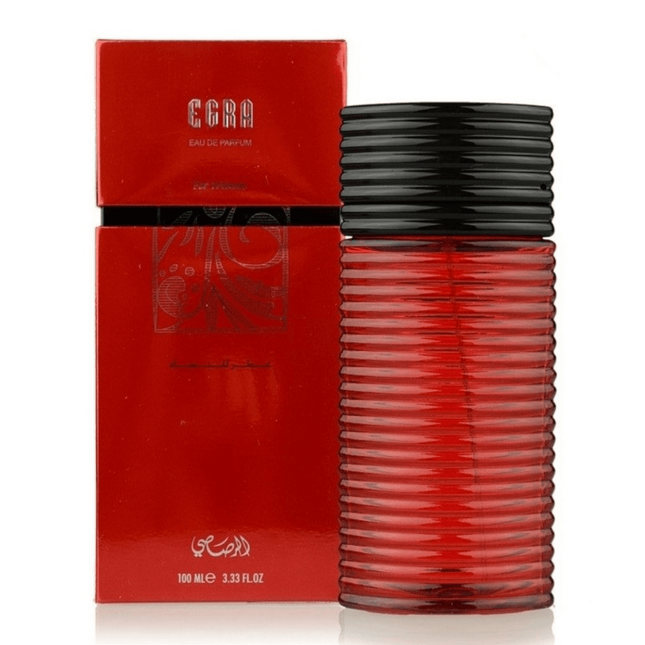 Rasasi Egra EDP couple set for men and women, 100ML bottles, featuring elegant packaging and perfume bottles.