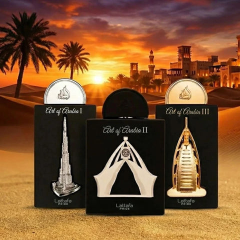 Bundle of Lattafa Art Of Arabia I, II, and III Eau de Parfum sprays, 100ml each, featuring elegant glass bottles with floral accents.