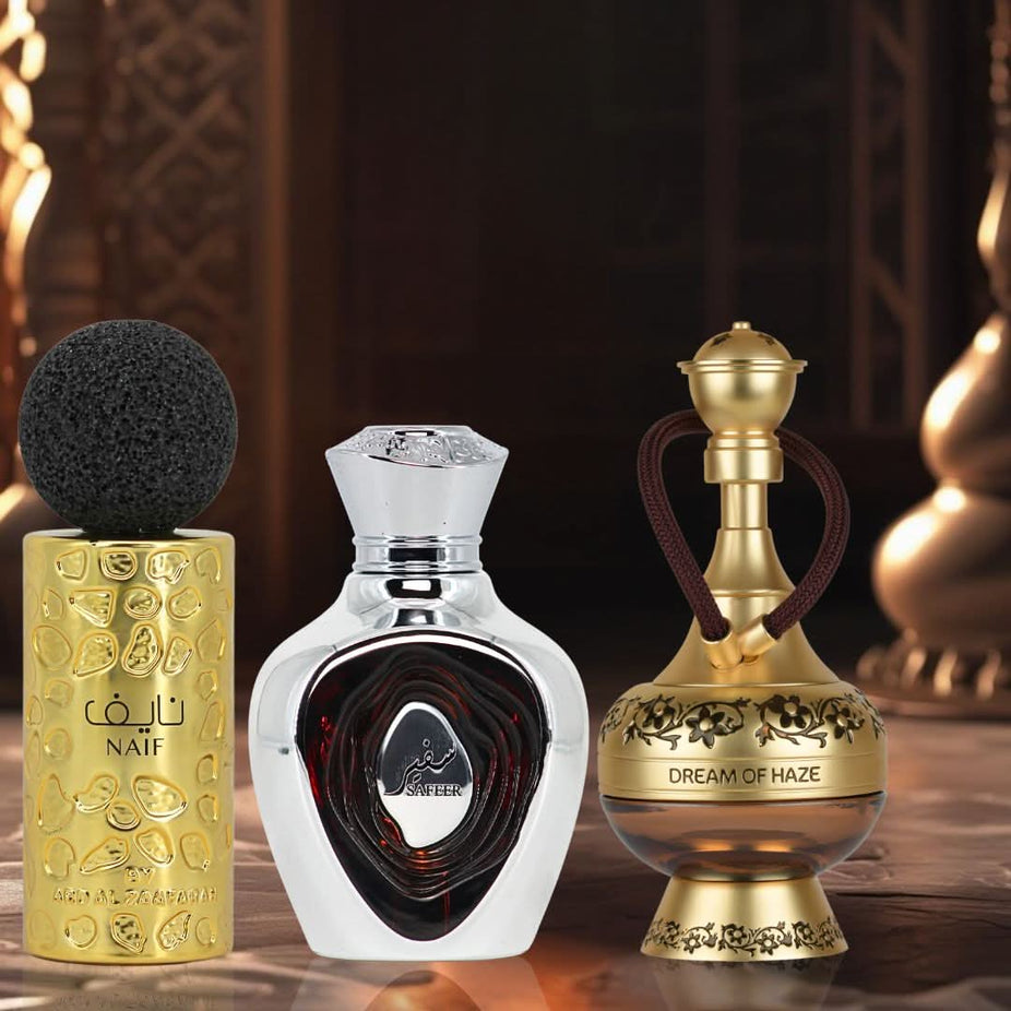 Bundle of Lattafa Naif by Ard Al Zaafaran, Safeer, and Dream of Haze Eau De Parfum sprays in 100ml bottles.