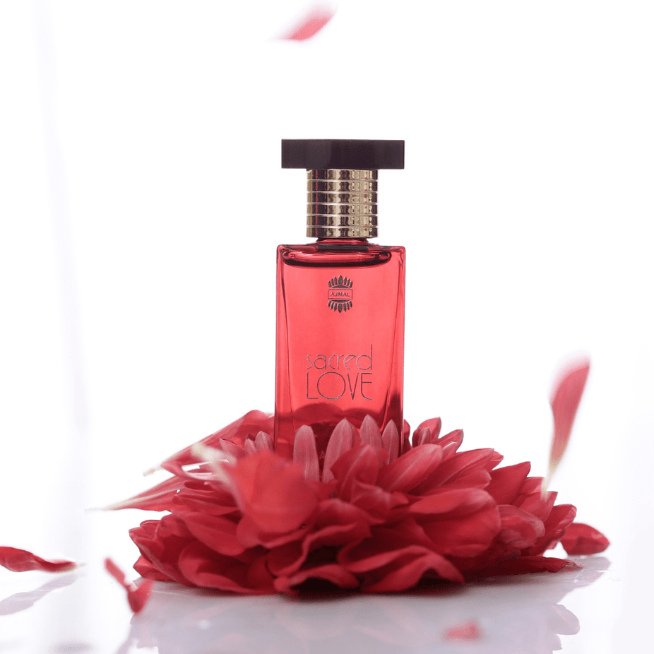 Ajmal Sacred Love for Women perfume oil in a 10ml CPO bottle, featuring elegant packaging and branding.