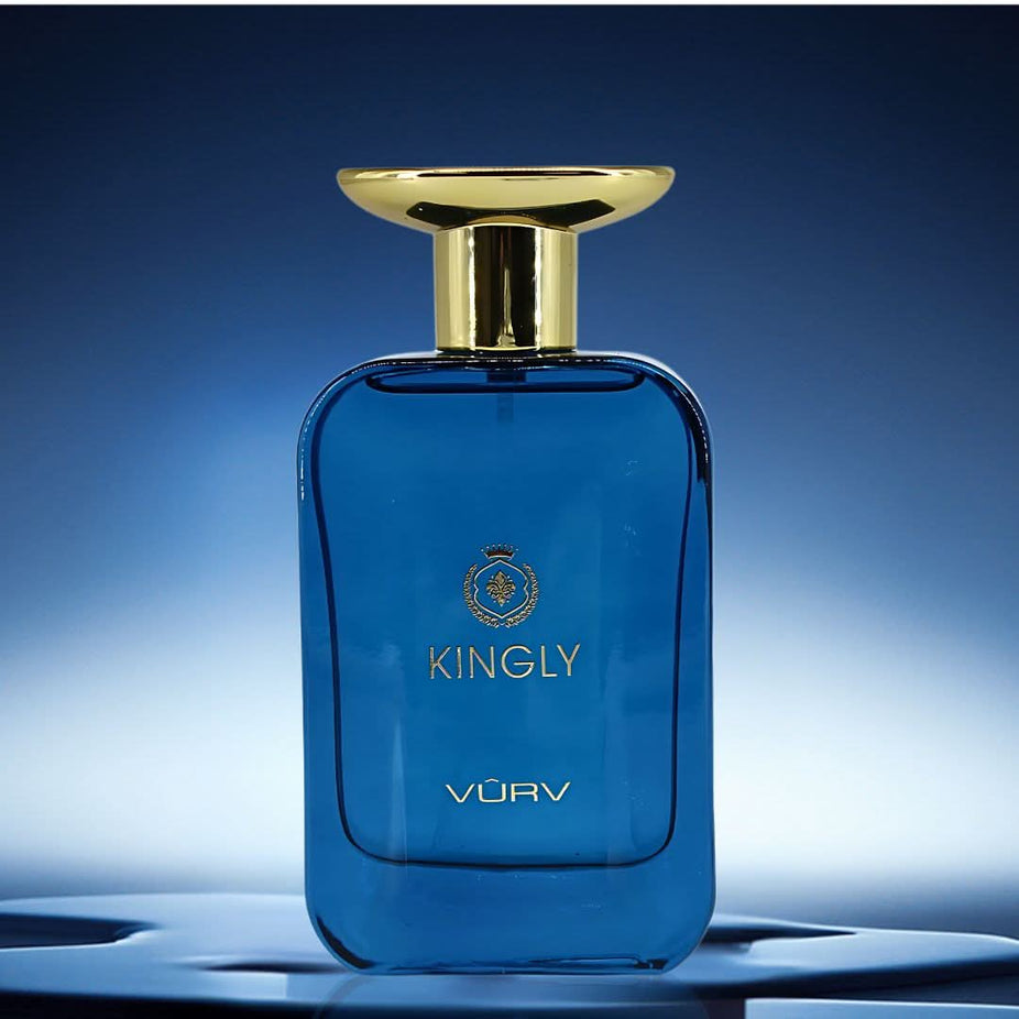 Vurv Kingly Eau de Parfum Spray for Men 100ml bottle with sleek black design and silver accents, shown in the image.