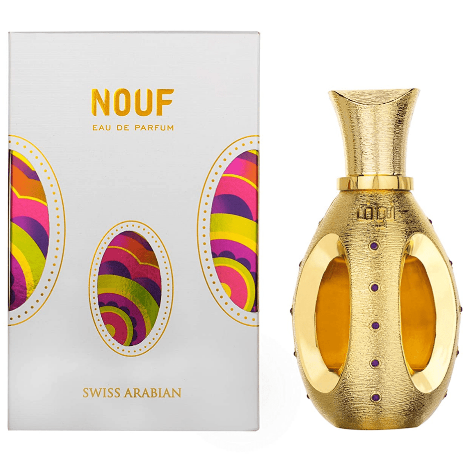 Swiss Arabian Nouf for Women EDP bottle, elegant floral perfume with gold accents, showcasing luxurious packaging design.