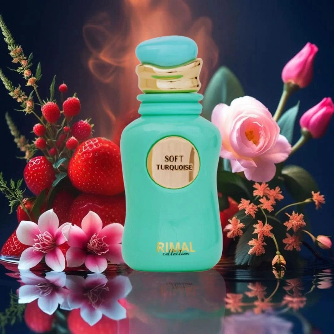 Soft turquoise Rimal Collection Eau de Parfum spray bottle, 100ml, with elegant packaging and floral design.