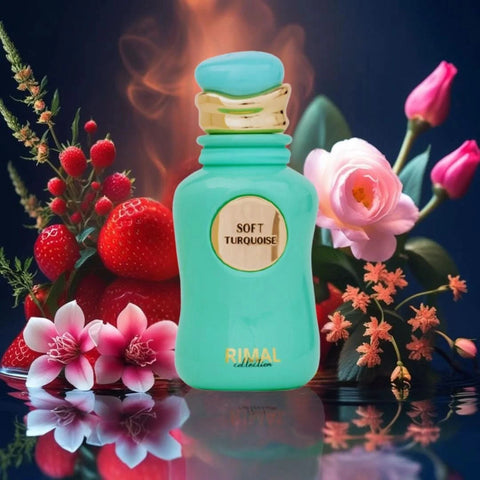 Soft turquoise Rimal Collection Eau de Parfum spray bottle, 100ml, with elegant packaging and floral design.