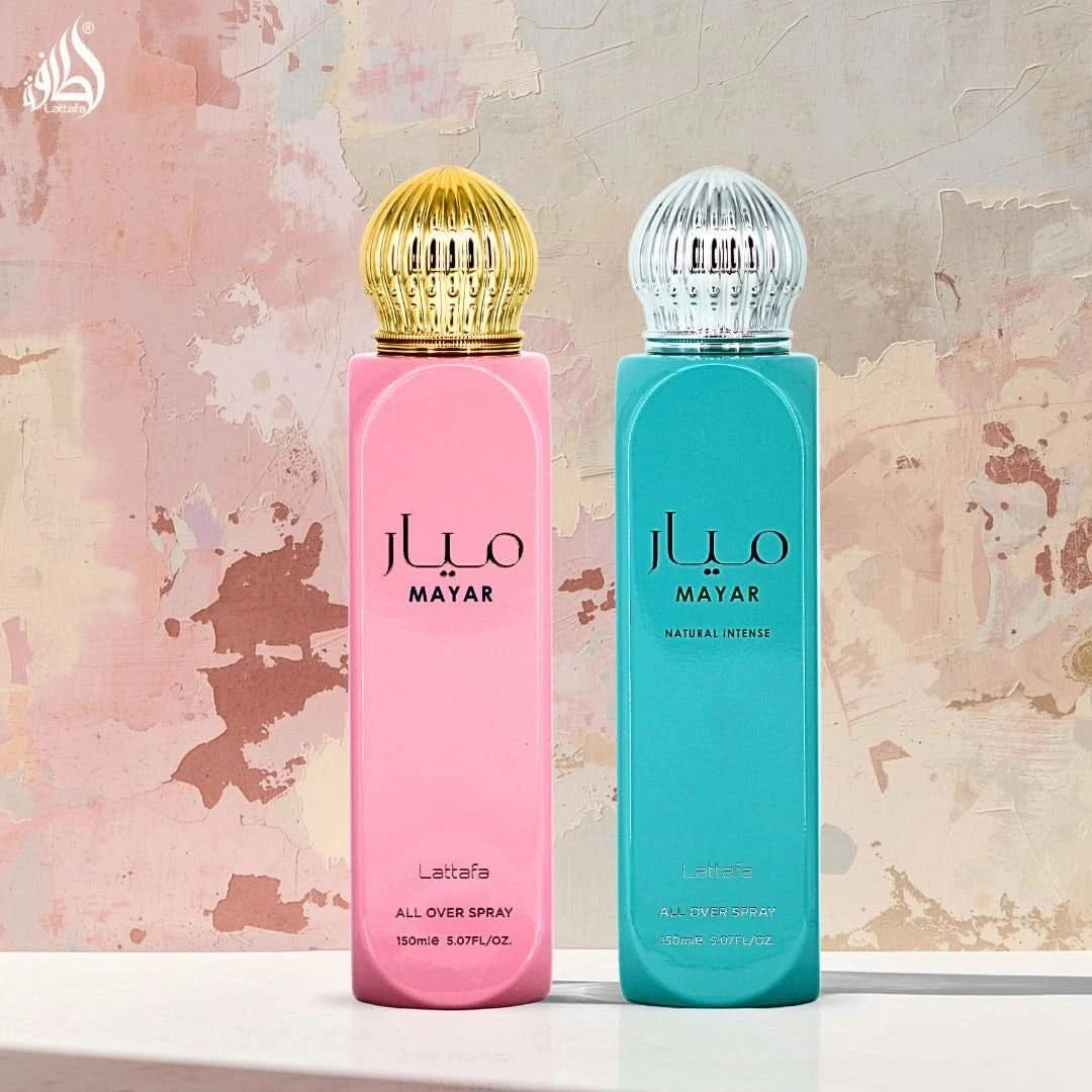 Lattafa Mayar & Mayar Natural Intense All Over Sprays bundle, 150ml each, featuring colorful bottles with floral and natural scent themes.