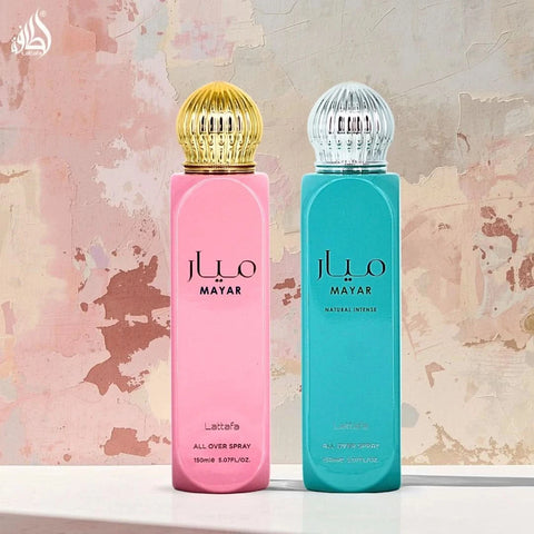 Lattafa Mayar & Mayar Natural Intense All Over Sprays bundle, 150ml each, featuring colorful bottles with floral and natural scent themes.