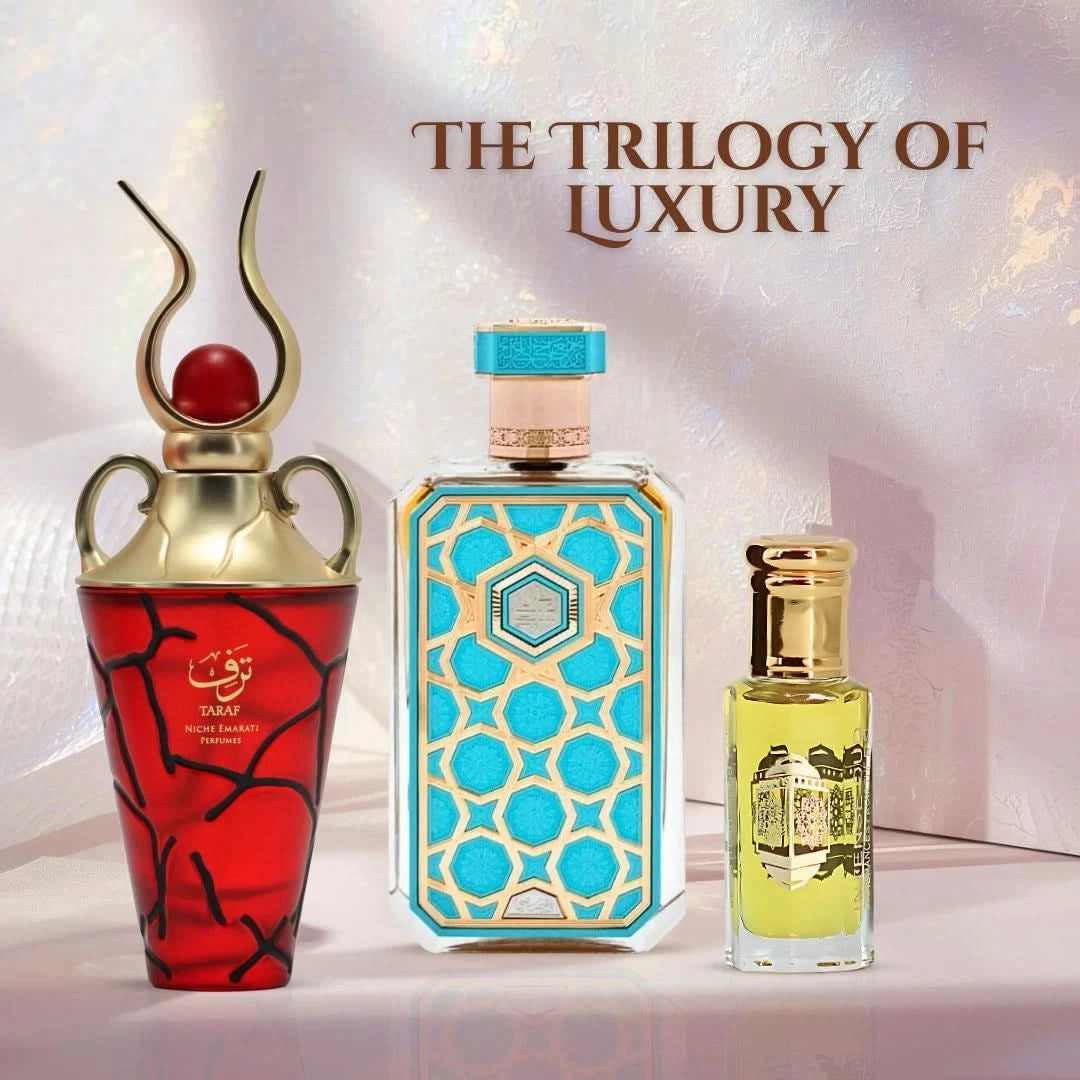 Bundle of Lattafa Niche Emarati Taraf 100ml, Rasasi Arabian Prive Saada 70ml, and Intense Oud Madawi 12ml perfume oils.