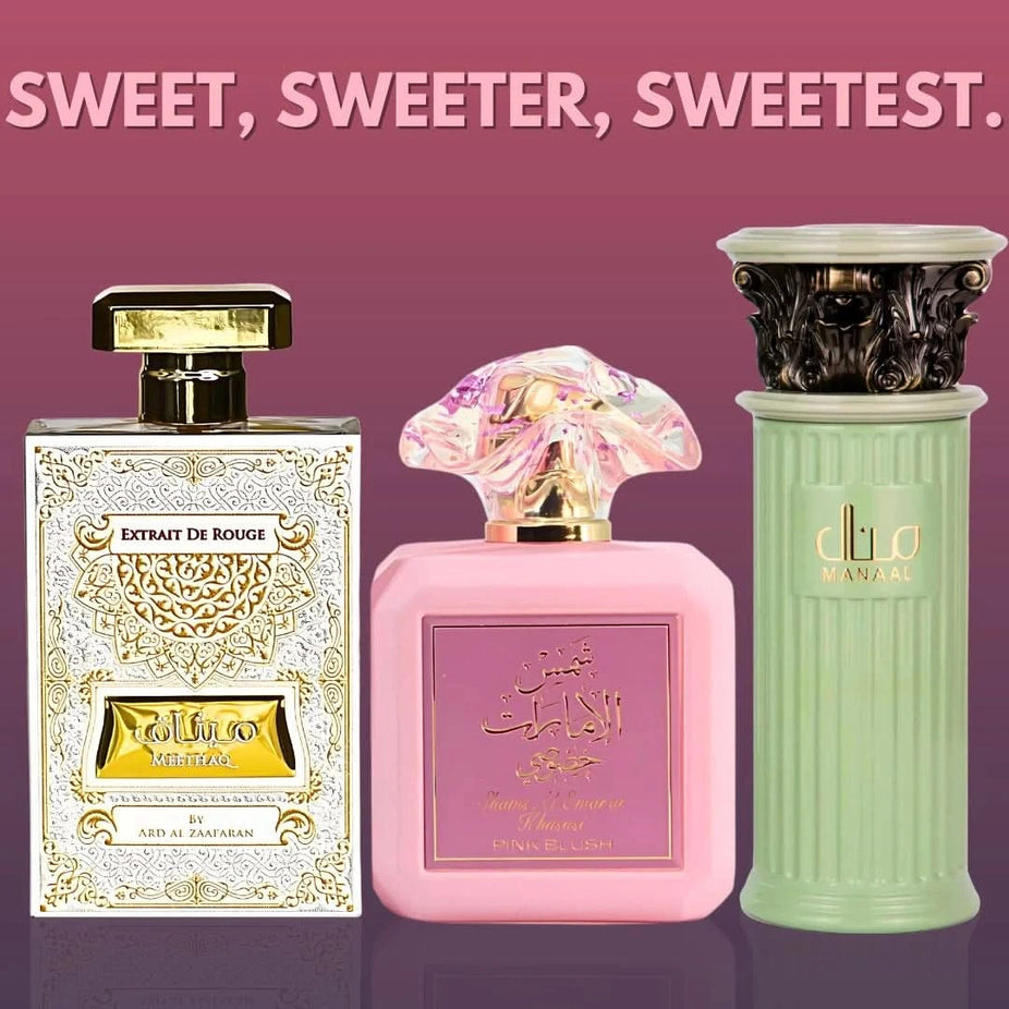 Bundle of Ard Al Zaafaran Pink Blush, Meethaq Rouge, and Manaal Eau de Parfum sprays in 100ml bottles, displayed together.