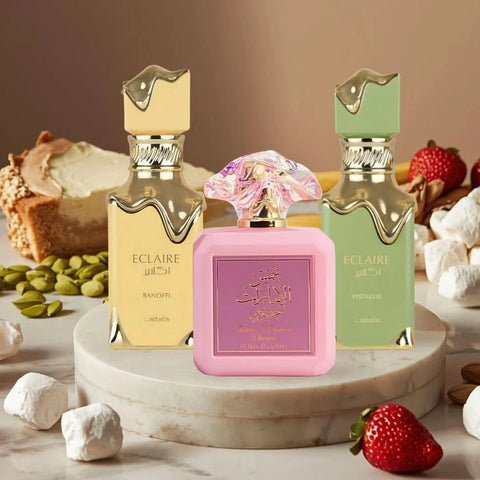 Bundle of Lattafa Eclaire Pistache, Eclaire Banoffi, and Ard Al Zaafaran Pink Blush Eau de Parfum sprays, 100ml each.