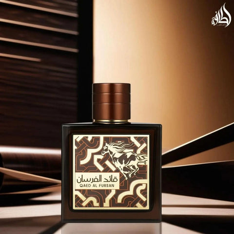 Qaed Al Fursan Untamed Eau de Parfum spray by Lattafa in a velvet pouch, 90ml bottle, with a sleek, elegant design.