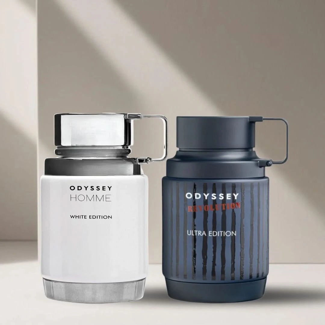 Odyssey Homme White and Odyssey Revolution Ultra Eau de Parfum sprays by Armaf in 100ml bottles, shown in a bundle.