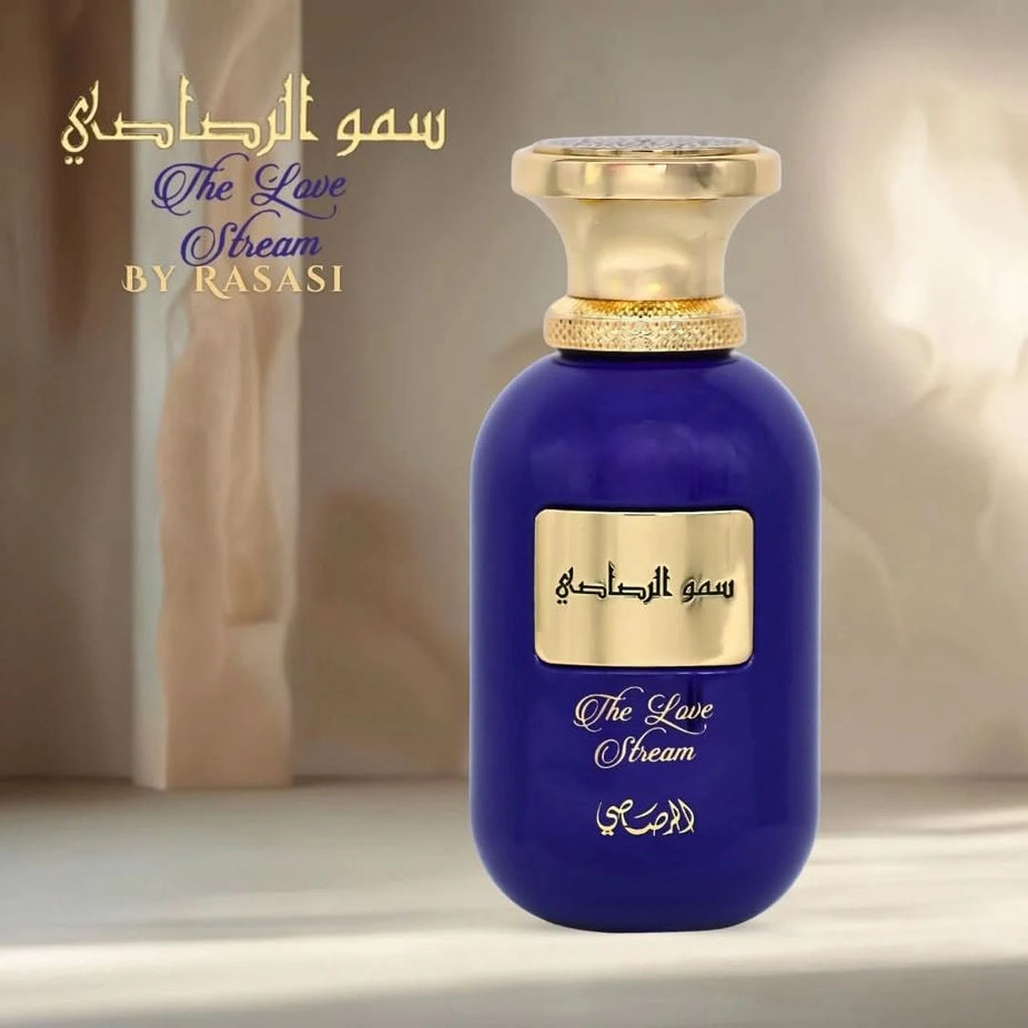 Rasasi Somow Al Rasasi The Love Stream Eau de Parfum spray bottle 100ml with elegant packaging and floral design.