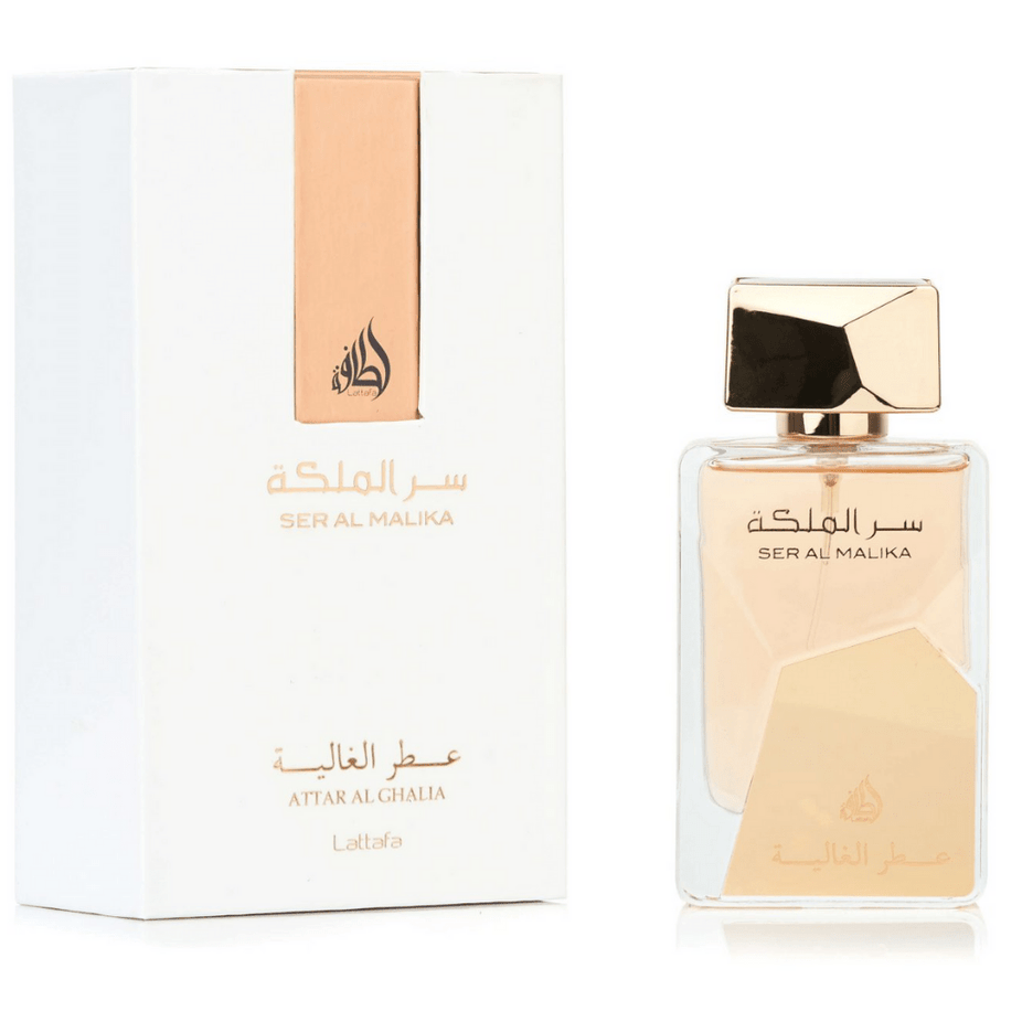 Lattafa Ser Al Malika Attar Al Ghalia EDP 100ML bottle, elegant perfume packaging with a sleek glass design and decorative cap.