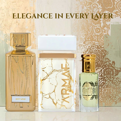 Envy Gold 100ml (3.4 oz) by Hamidi, Perle D’or 75ml (2.5 oz) by Armaf - Eau de Parfum Sprays & Joodie Perfume Oil 12ml (0.40 oz) by Intense Oud (Bundle) - Intense Oud