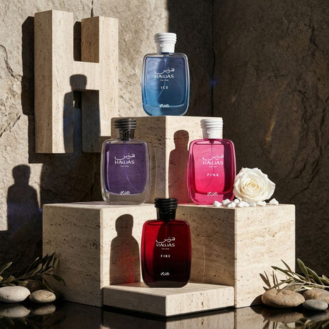 Rasasi Hawas Men Eau de Parfum spray bundle with Ice, Fire, and Pink fragrances, 100ml each, in colorful bottles.