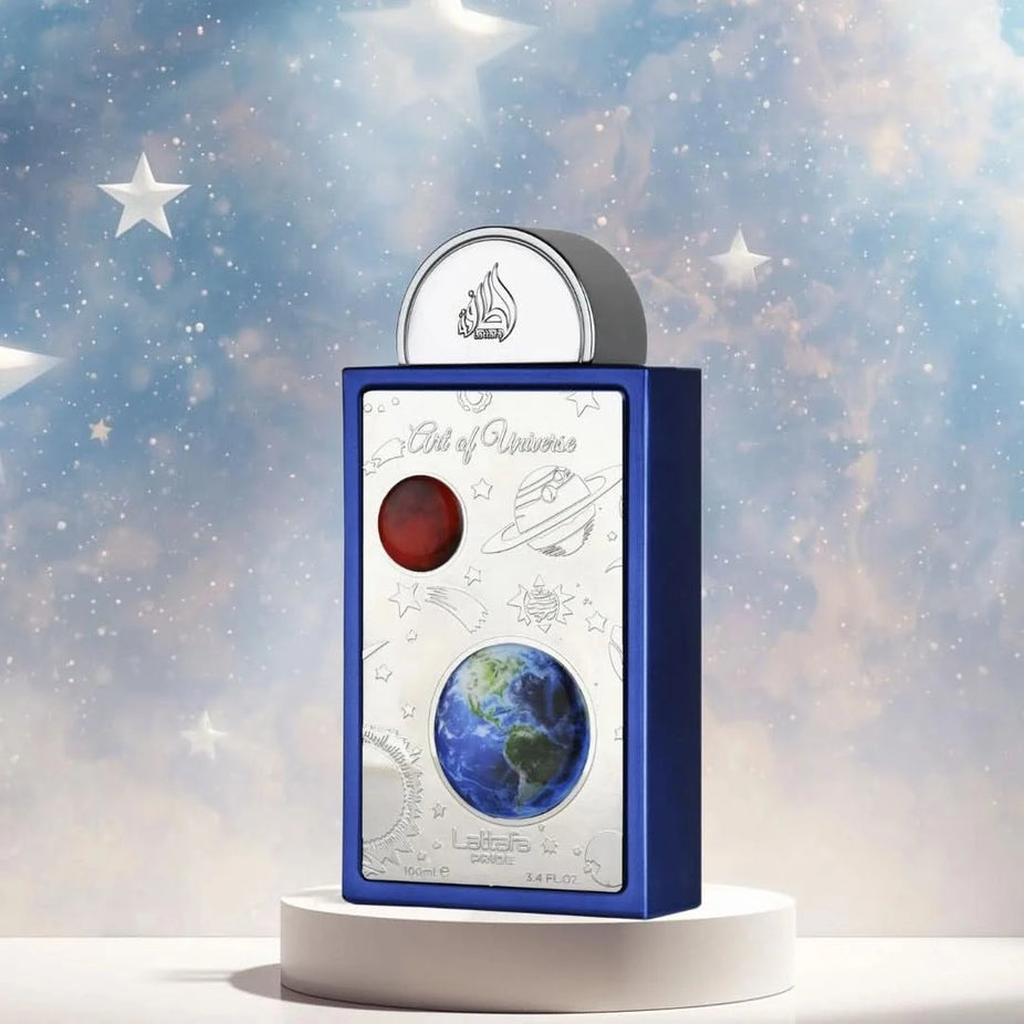 Lattafa Art of Universe Eau de Parfum spray 100ml bottle with sleek design and elegant packaging.