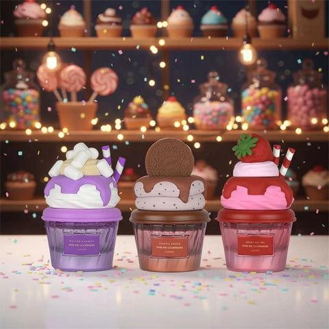 Lattafa Mallow Madness, Cookie Crave & Berry on Top Eau de Parfum bundle bottles, 75ml, with colorful packaging and spray nozzles.